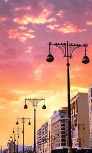 sunset over the city. Sequential street lights. The city of Medina